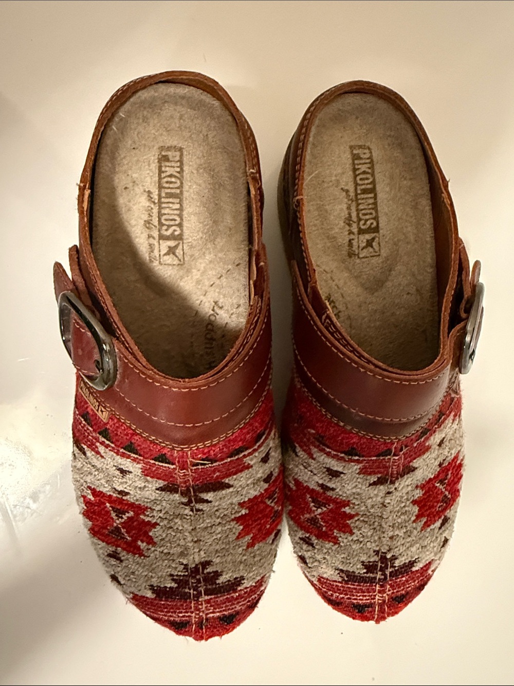 PIKOLINOS Red and Brown Patterned Textile Clog Mules